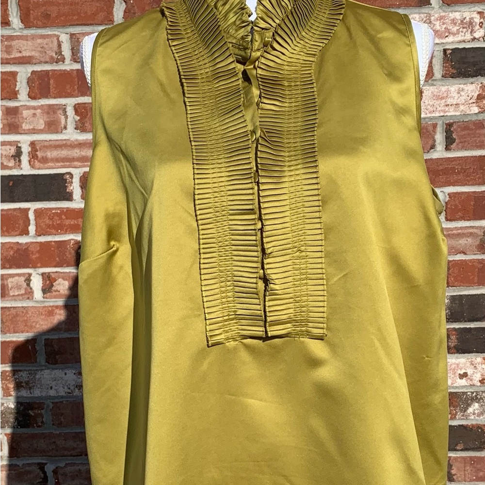 Jessica London Satin-Look Ruffle Bib Sleeveless Blouse in Olive Green